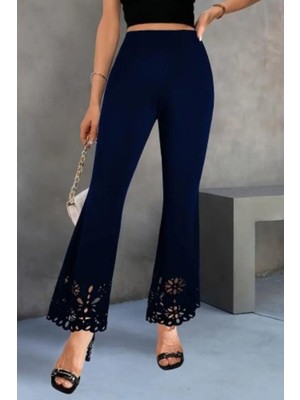 Mossta Yüksel Bel Lazer Kesim Paça Detaylı Ithal Krep Pantolon - Lacivert