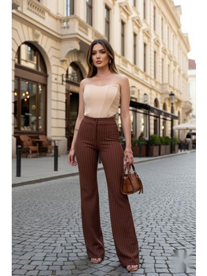 Mossta Robin Likralı Çizgili Boru Paça Pantolon Kahve