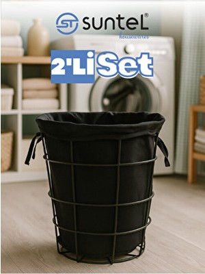 Suntel 2'li Set Siyah Metal Çerçeveli Kirli Sepeti - Çıkarılabilir Kumaş Iç Astarlı SG104
