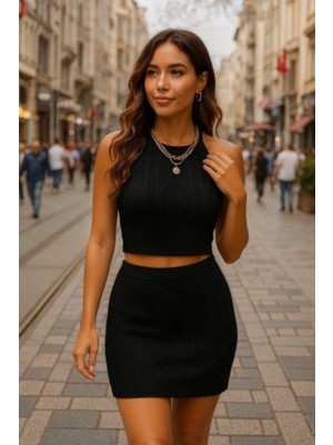 Mossta Boyundan Bağlamalı Ikili Triko Takım Siyah