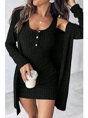 Mossta Düğme Detaylı Askılı Elbise ve Kısa Hırka Ikili Takım - Siyah