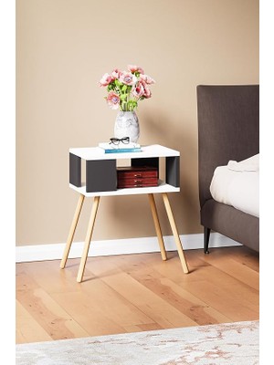 CetKing Ahşap Ayaklı Dekoratif Raflı Komodin - Beyaz - Antrasit Gri