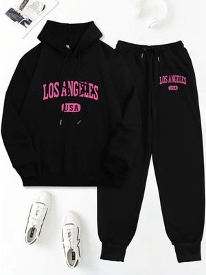 Iki Parça Set, Los Angeles Abd Harf Baskısı, Uzun Kollu Kapüşonlu Sweat ve Pantolon
