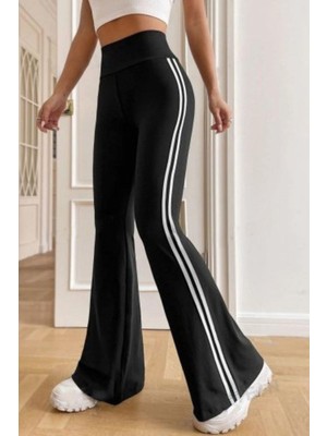 Mossta Yüksek Bel Şerit Detaylı Ispanyol Paça Dalgıç Pantolon - Siyah