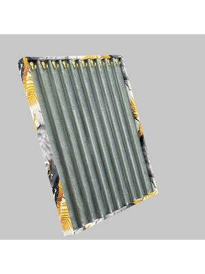 Gri Ton Geçişli Sarı Yaprak Desenli Kadife Kumaşlı Katlanabilir Ayaklı 10'lu Koleksiyon Tesbih Panosu