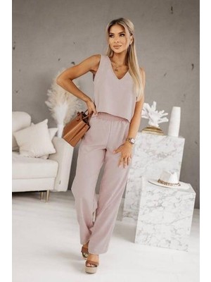 Mossta V Yaka Kolsuz Crop Bluz ve Yüksek Bel Pantolon Ikili Takım - Bej