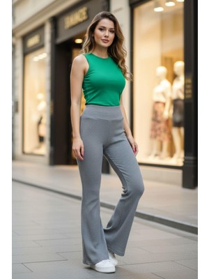 Mossta Ispanyol Paça Şardonlu Fitilli Pantolon Füme