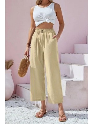 Mossta Bel Büzgü ve Düğme Detaylı Kapri Keten Pantolon Bej