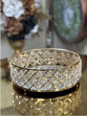 CITY gold Kristal Taşlı Içi Cam Aynalı Tepsi 40 cm