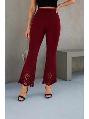 Mossta Yüksel Bel Lazer Kesim Paça Detaylı Ithal Krep Pantolon - Bordo