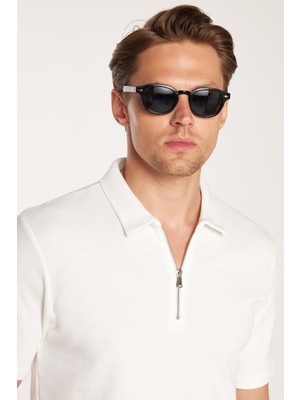 Tudors Erkek Slim Fit Dar Kesim %100 Pamuk Fermuarlı Beyaz Polo Yaka Tişört