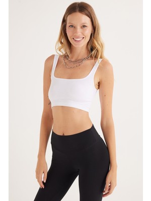 Tudors Kadın Slim Fit Dar Kesim Askılı U Yaka Beyaz Crop Atlet