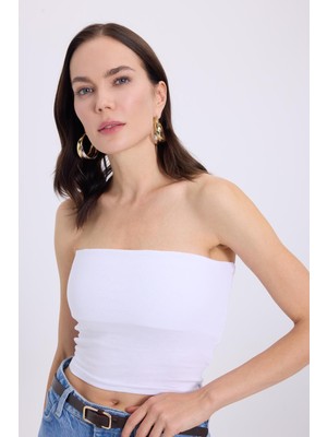 Tudors Kadın Slim Fit Dar Kesim Pamuklu Straplez Beyaz Bluz