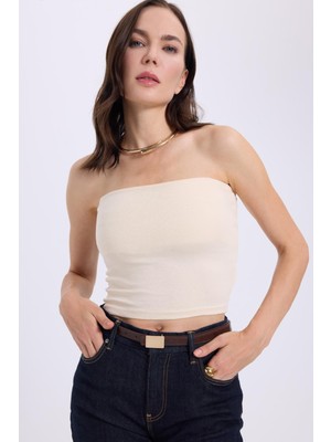 Tudors Kadın Slim Fit Dar Kesim Pamuklu Straplez Bej Bluz