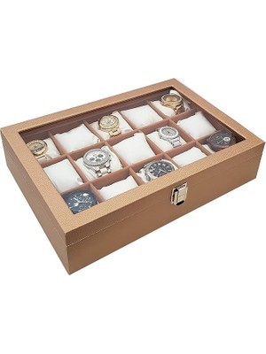 CetKing 15 Li Diamond Gold Deri Ahşap Camlı Saat Kutusu ST15-57