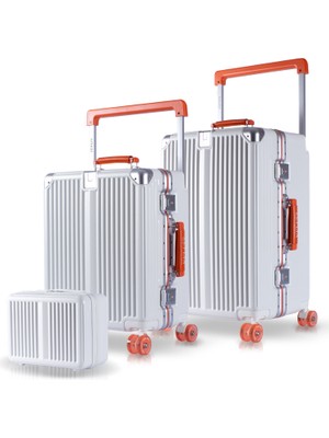 Zeplin Boxy Pc Policarbon 3'lü Valiz Seti (Kabin Orta ve Makyaj) Beyaz-Turuncu