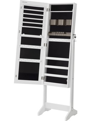 CetKing Takı Dolabı, Ayaklı Aynalı Dolap, 2 Ayrı Makyaj Malzemeleri Düzenleyicili, Çerçevesiz Tam Boy Ayna, Kilitlenebilir, Kolyeler, Küpeler, Makyaj Malzemeleri Için, Beyaz, JJC002W01