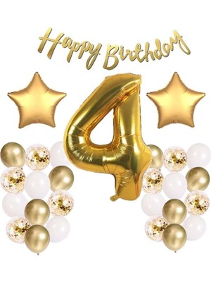 CetKing Gitti Gold Konsept Doğum Günü Kutlama Seti; Beyaz Gold Konfetili Balon, Rakam Yıldız Folyo ve Banner (4 Yaş)