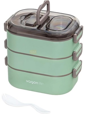 CetKing Bento 1450ML Lunchbox Üç Katlı 5 Bölmeli ve Mini Sosluklu Çelik Sefer Tası Yemek Kutusu (Yeşil)