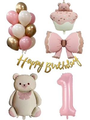 CetKing Yaş Retro Ayıcık Temalı Kız Bebek Konsept Doğum Günü Seti