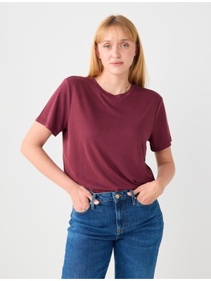 Jimmy Key Bordo Bisiklet Yaka Kısa Kollu Örme Modal Tişört