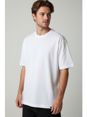 Allunique Erkek Pamuklu Bisiklet Yaka Basic Beyaz T-Shirt / Geniş Kesim