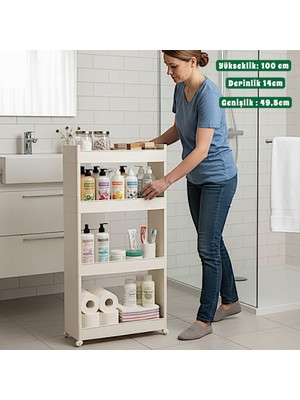 Technow Motek Sr-04 Tekerlekli Plastik Mutfak,banyo Rafı 4 Katlı Organizer Beyaz