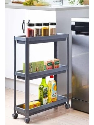 CetKing Ticaret Tekerlekli Dikdörtgen 3 Katlı Raf Ünitesi - Banyo Mutfak Düzenleyici Organizer Gri