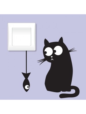 Artikel Kedi ve Balık Priz Sticker 21X29 Cm, Elektrik Düğmesi Sticker