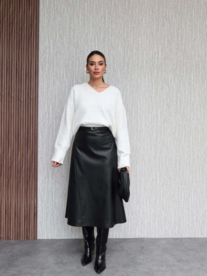 Esra Helvacı Kemerli Midi Deri Etek