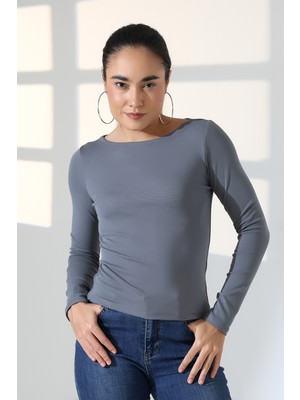 Endies Uzun Kollu Kayık Yaka Vücudu Saran Basic Kadın Body T-Shirt 21897 Boyalı Gri