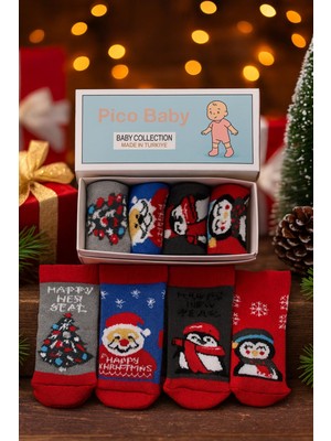 Pico Baby Havlu Çocuk & Bebek Çorabı / 4'lü Kutulu / Premium / Yılbaşı Temalı