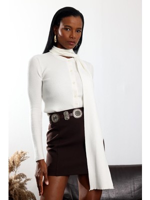 5in1Canpolat Ekru Atkı Detaylı Triko Hırka 17757