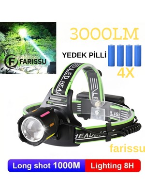 212 Farissu 30W Ultra Güçlü LED Kafa Lambası (4 Adet Pilli - Yedek Bataryalı Set) - 3000 Lümen 1000M Menzil