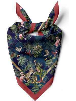 Vissona Kadın Lacivert Yeşil Flamingo Desenli 50X50 Bandana Hyl DG01131-22