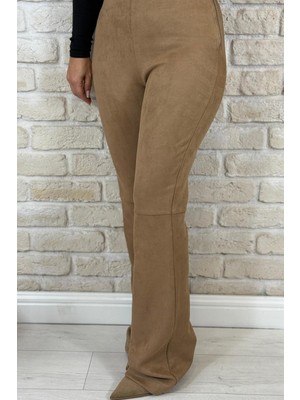 Muna Boutique Nubuk Kumaş Sütlü Kahve Bol Paça Pantolon