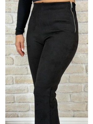 Muna Boutique Nubuk Kumaş Siyah Bol Paça Pantolon