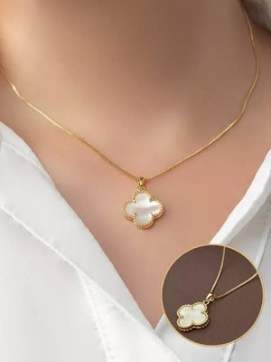 Moda Beyaz Sedef Taşlı Altın Yonca Kolye 316L Paslanmaz