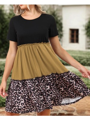 Bosel Kadın Leopar Detay Üç Parça Viskon Elbise