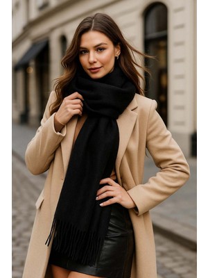 REMSA Püsküllü Buklet Atkı Şal 45X200 cm 1285 Siyah