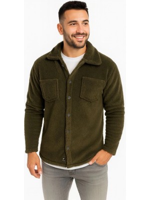Martcini Erkek Pelüş Polar Hırka Gömlek – Yakalı, Ilik Düğmeli, Göğüs Cepli, Yumuşak Dokulu Kışlık Regular Fit Rahat Günlük Model - Haki