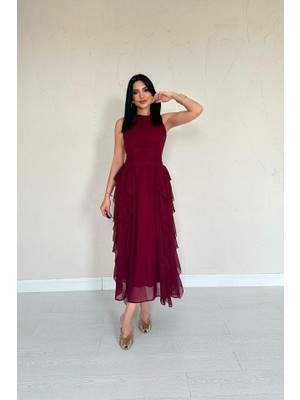 Martcini Bordo Önü Büzgülü Fırfırlı Elbise