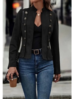 Martcini Kadın Uzun Kollu Hakim Yaka Yanlardan Düğmeli Kısa Süet Ceket