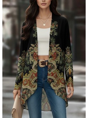 Martcini Kadın Uzun Kollu Önü Açık Desenli Şardonlu Dalgıç Ceket