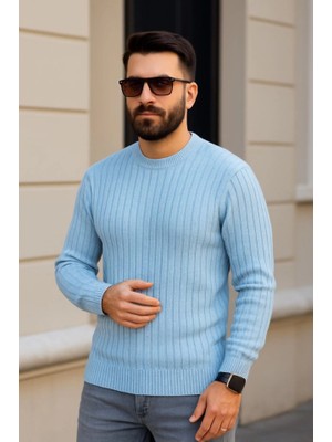 Martcini Erkek Bisiklet Yuvarlak Yaka Triko Kazak Pamuklu Kalın Fitilli Dokuma, Regular Fit Uzun Kollu Kışlık Model - Bebe Mavisi