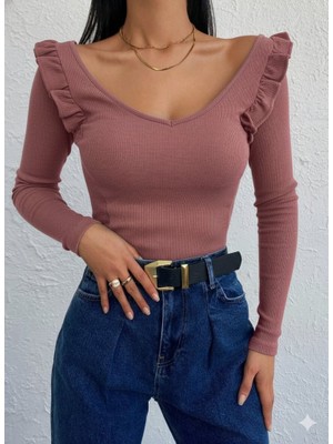 Martcini Kadın Omuz Fırfır Detay Uzun Kollu Bluz