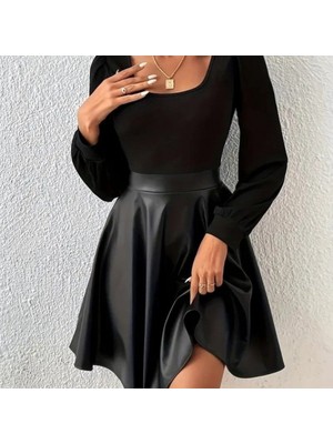 Martcini Kadın Uzun Kollu Kare Yaka Üst Viskon Alt Deri Mini Elbise