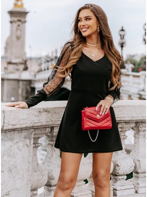 Martcini Kadın Uzun Kollu V Yaka Kollar Tül Detay Krep Elbise