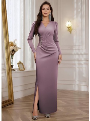 Martcini Kadın Uzun Kollu Kruvaze Yakalı Yanları Taşlı Yırtmaçlı Uzun Ithal Krep Elbise