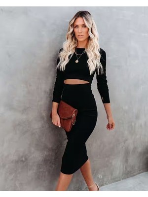 Martcini Kadın Uzun Kollu Bisiklet Yaka Bel Dekolteli Krep Midi Boy Elbise